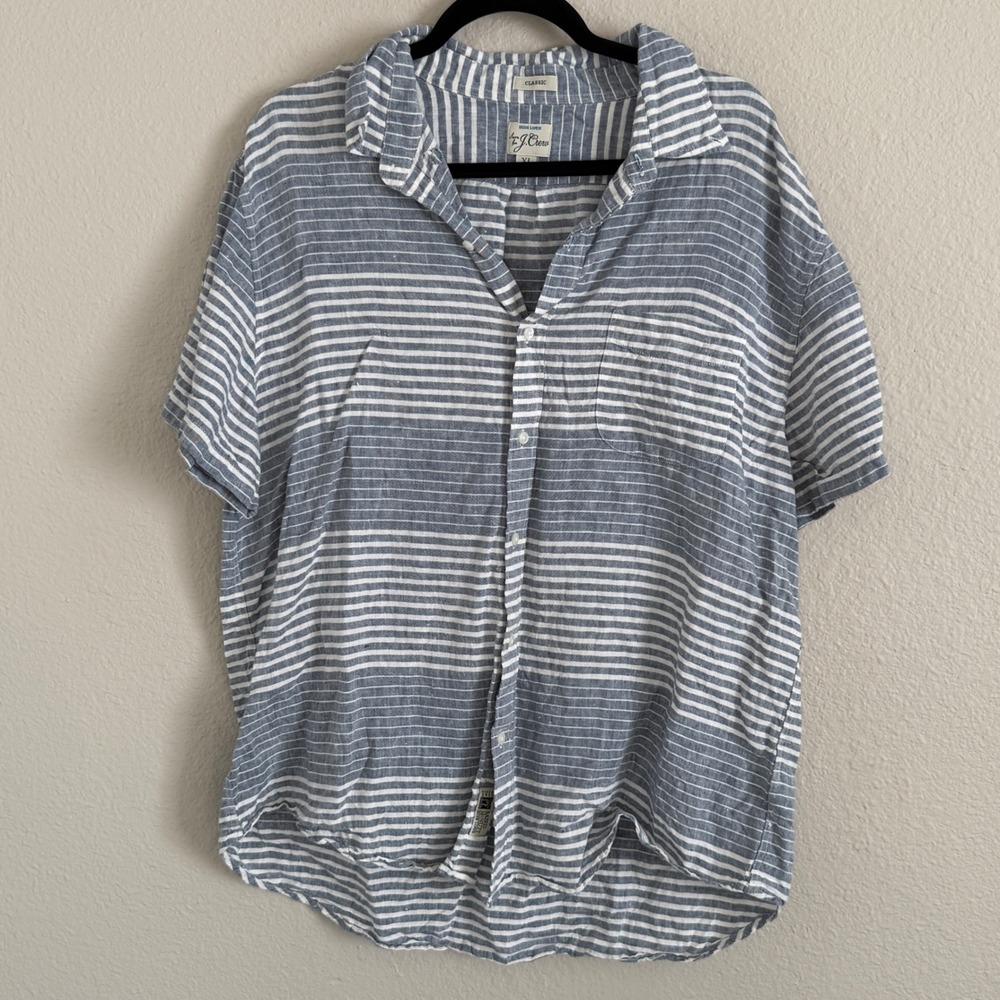 J Crew Mens XL Blue Baird McNutt Irish Linen Camp Collar Striped Shirt‎ Resort